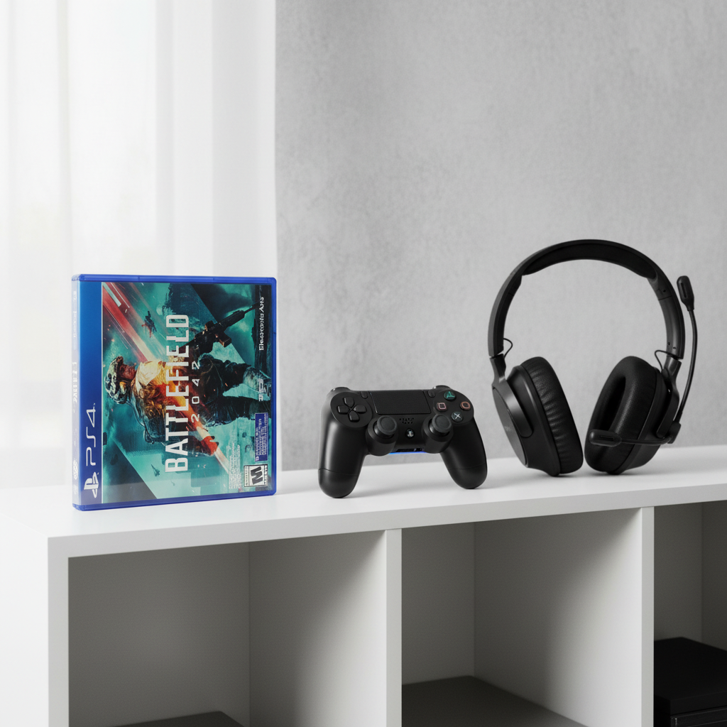 Battlefield 2042 PS4 game case on modern white media shelf with DualShock controller and headset