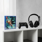 Battlefield 2042 PS4 game case on modern white media shelf with DualShock controller and headset