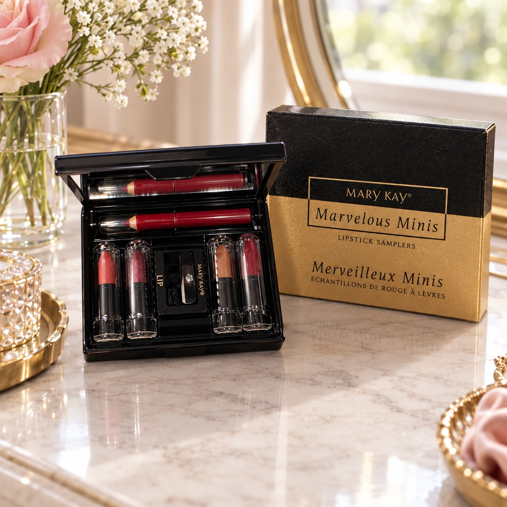Mary Kay Marvelous Minis Cool lipstick compact set open on a vanity table beside its retail box