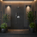 Pfister Arterra chrome shower head in a luxury spa bathroom with dark slate tile walls and ambient lighting.