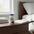 Nutricost Resveratrol bottle on dark wood bedside table with open leather wellness planner