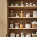 Nature Made 5-HTP 100mg Chewable bottle in organized family health cabinet with wood shelving and apothecary containers