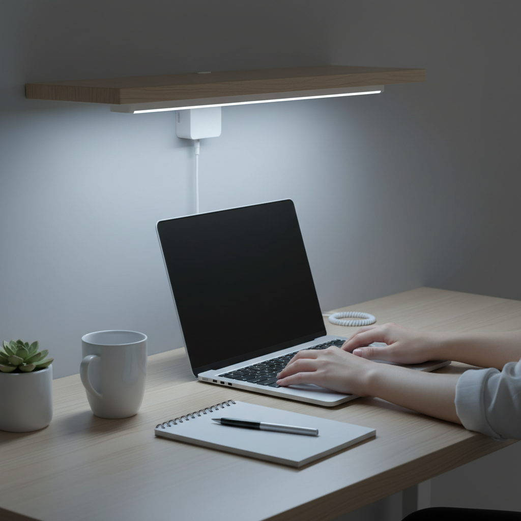 Person working at a home office desk with bright task lighting from a slim LED bar mounted under a floating shelf
