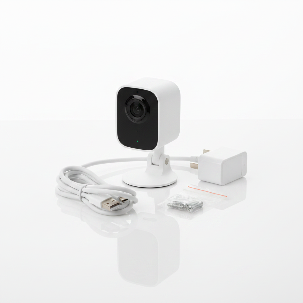Flat lay of Blink Mini 2 white security camera with USB-C cable power adapter and mounting screws on white surface