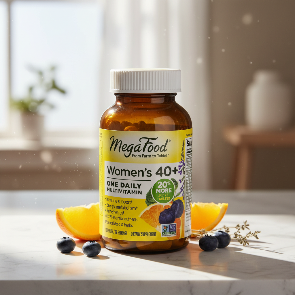 Women's daily multivitamin amber glass bottle on white marble surface in soft morning light – More4less Outlet