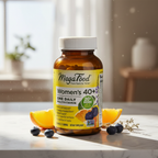 Women's daily multivitamin amber glass bottle on white marble surface in soft morning light – More4less Outlet
