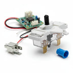 Macro tabletop studio photography of laundry appliance electrical switch with gold terminals