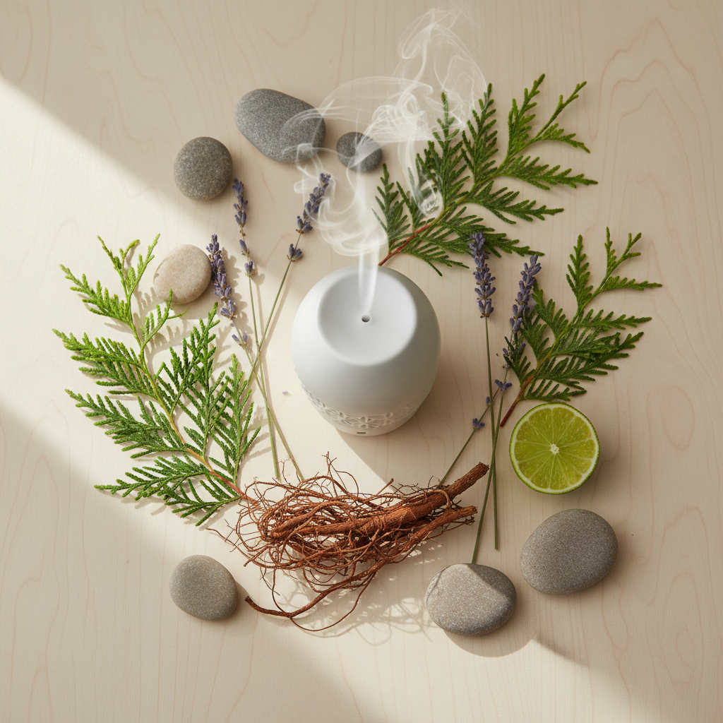 Flat-lay aromatherapy wellness setup with ceramic diffuser, cypress sprigs, vetiver roots, lavender stems, lime slice and river stones on light wood surface