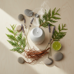 Flat-lay aromatherapy wellness setup with ceramic diffuser, cypress sprigs, vetiver roots, lavender stems, lime slice and river stones on light wood surface