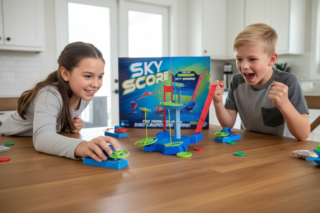 Two kids playing Hasbro Sky Score head-to-head disc launching game at kitchen table