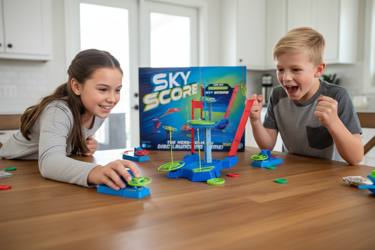 Two kids playing Hasbro Sky Score head-to-head disc launching game at kitchen table