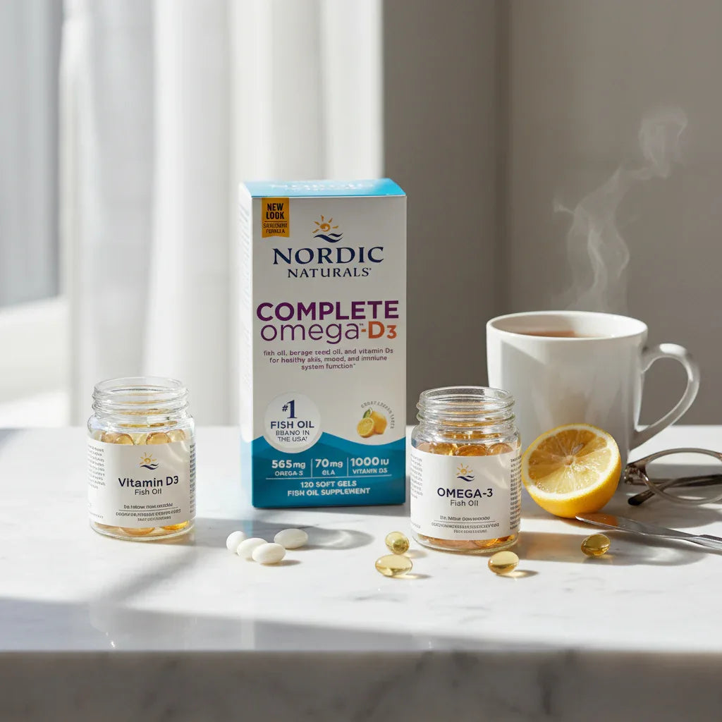 Minimalistic morning lifestyle photo showcasing premium omega-3 and vitamin D3 daily wellness supplement products