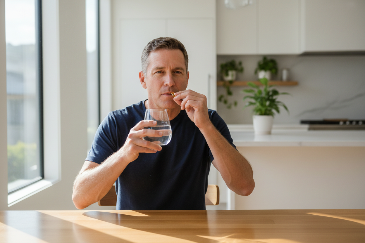 Adult man taking a daily supplement softgel with water at kitchen table - wellness lifestyle