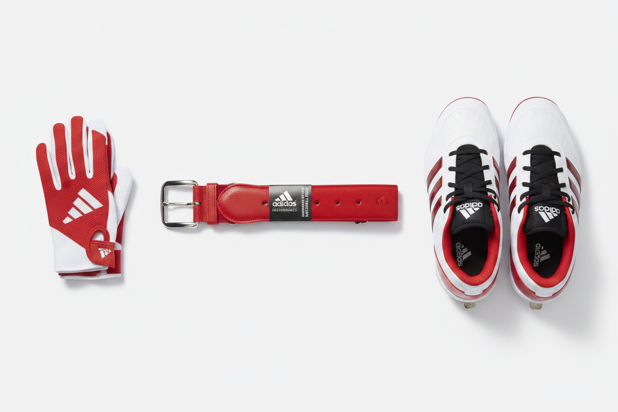 Adidas Performance red elastic baseball belt flat lay with baseball cleats and batting gloves – More4less Outlet