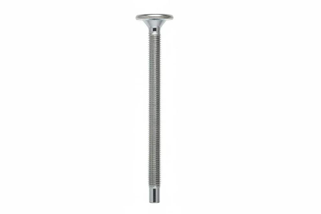 Macro photo of long zinc-plated industrial cabinet mounting screw on clean bright white background