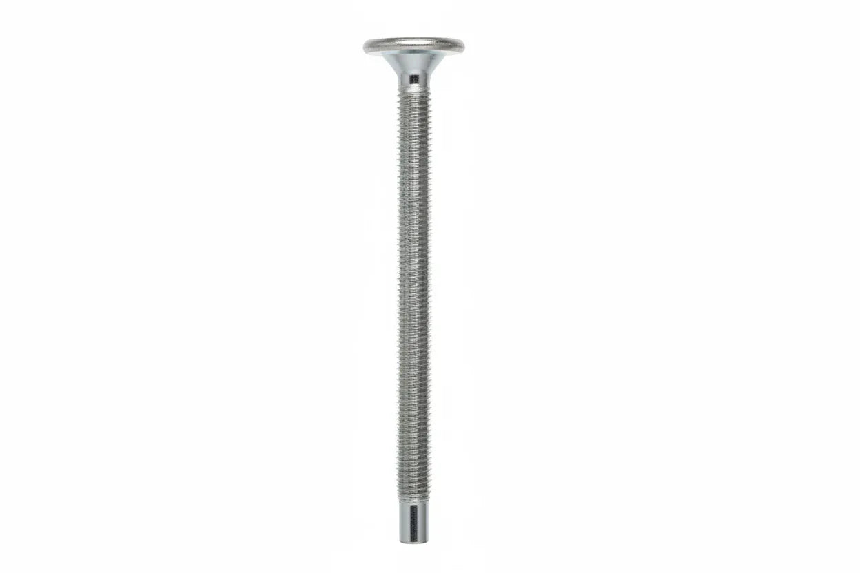 Macro photo of long zinc-plated industrial cabinet mounting screw on clean bright white background