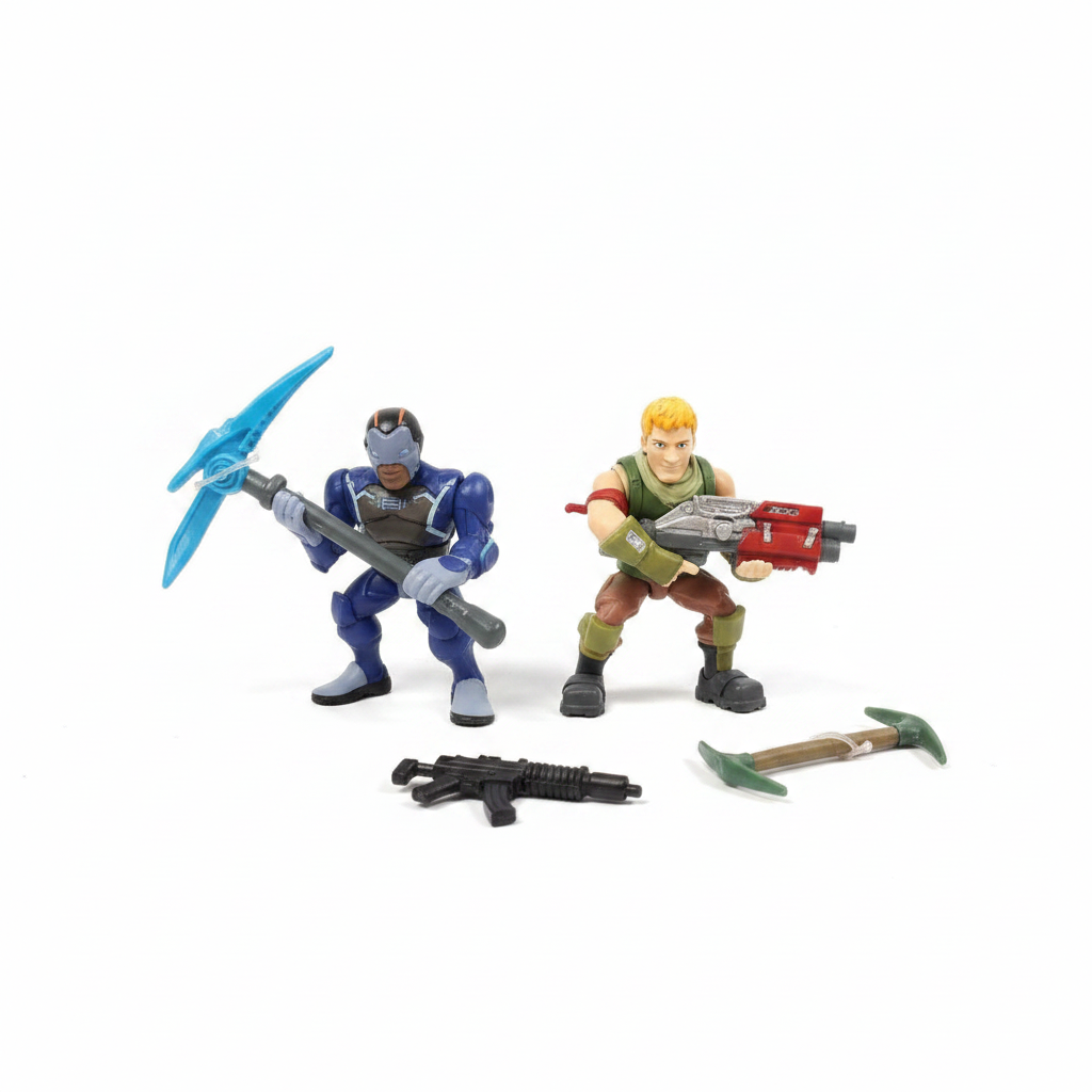Fortnite Battle Royale Collection Sergeant Jonesy and Carbide 2-inch mini figures in battle stances with swappable weapons on white background