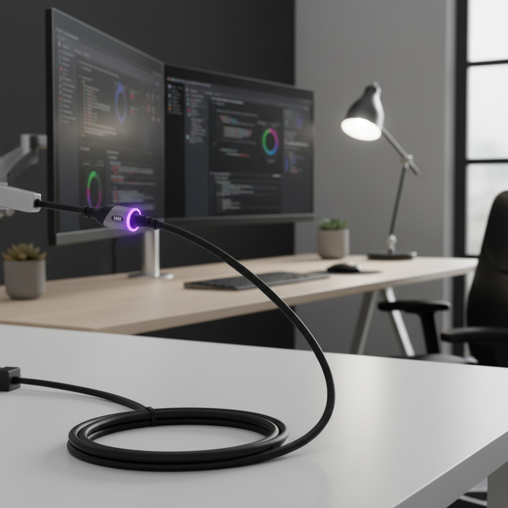 Monster 6ft Purple LED HDMI Cable plugged into professional dual-monitor workstation in clean modern home office