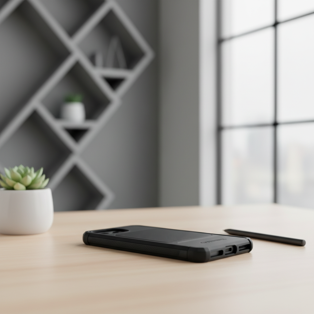 OtterBox Commuter Series slim black dual-layer case on desk showing pocket-friendly profile and rugged texture