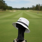 Callaway Golf white and black bucket hat displayed on a golf bag stand near a fairway