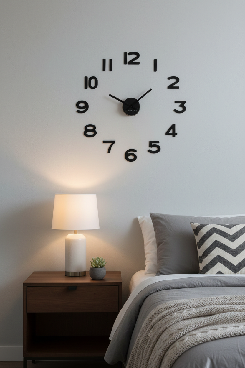 Westclox 20-inch floating wall clock installed on grey bedroom wall above nightstand with lamp