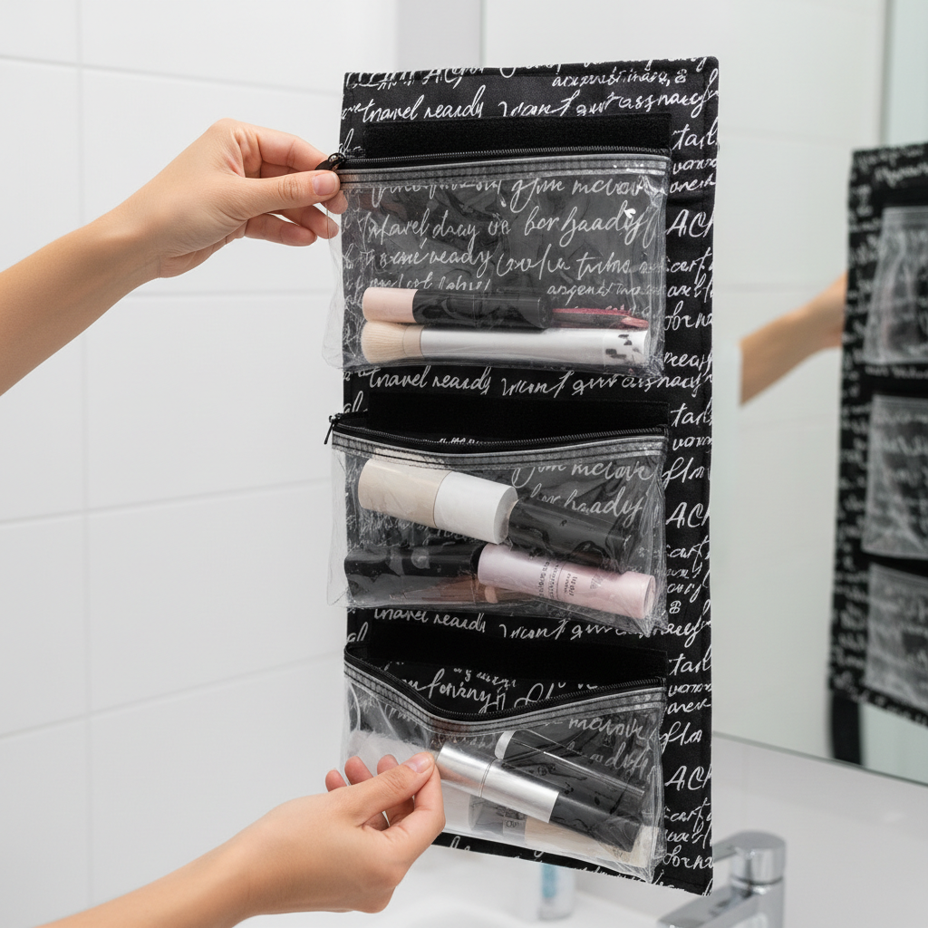 Person detaching clear zippered PVC pouch from velcro backing of unrolled hanging cosmetic organizer with script print