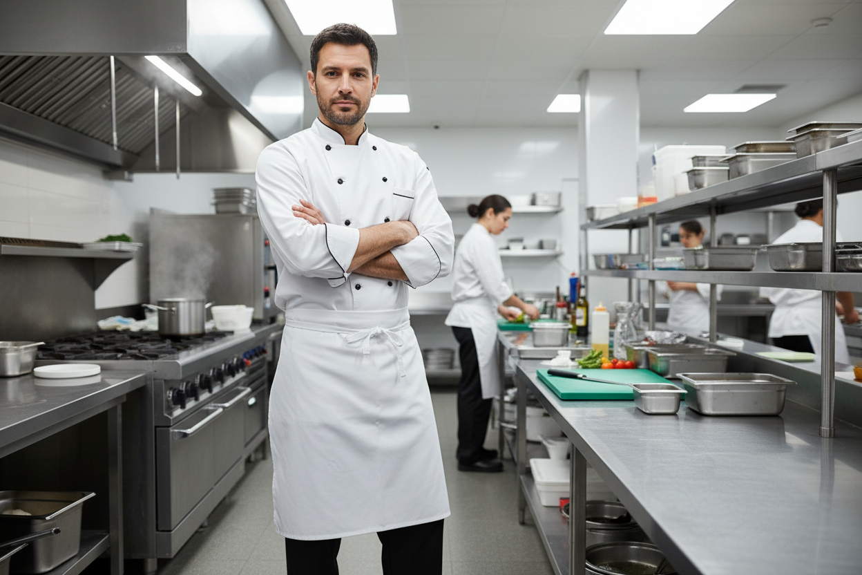 Chef Works black culinary pants worn by professional chef at kitchen prep station in white chef coat – More4less Outlet