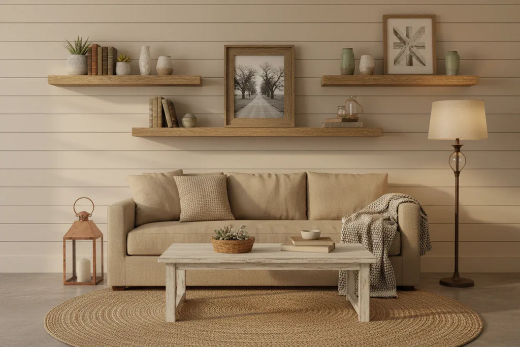 Rustic contemporary living room shelving displaying a convertible wood grain picture frame