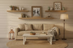 Rustic contemporary living room shelving displaying a convertible wood grain picture frame