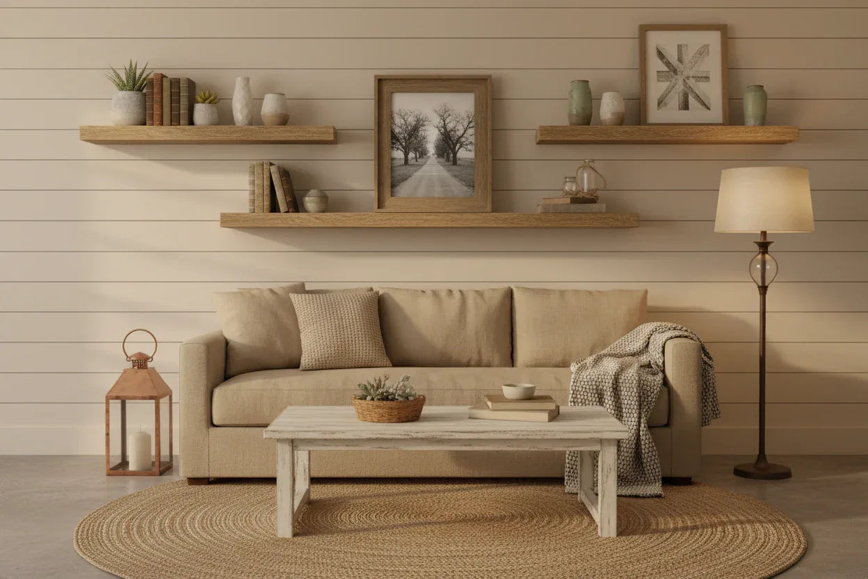 Rustic contemporary living room shelving displaying a convertible wood grain picture frame