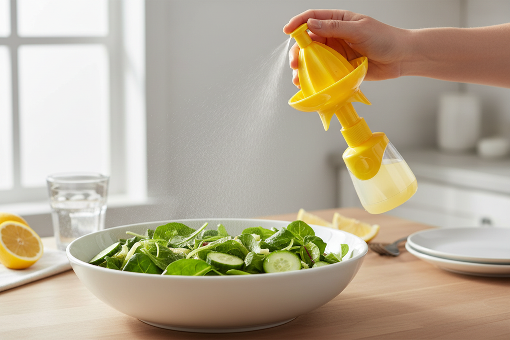Person misting fresh lemon juice from Core Kitchen citrus mister over green salad — pump nozzle delivers up to 1 oz of fresh citrus mist