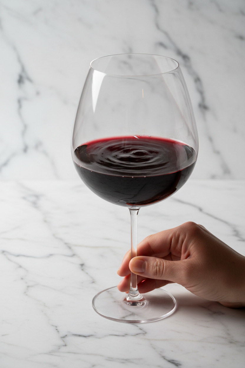 Hand holding a Riedel 001 Magnum crystal wine glass filled with swirling Cabernet, marble background