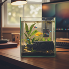 Aqueon flat heater mounted in small desktop aquarium with tropical fish, home office lifestyle
