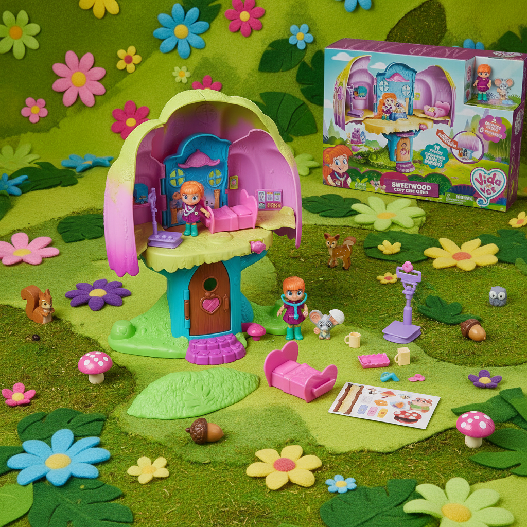 Vida the Vet Sweetwood Cozy Care Clinic treehouse playset by Spin Master displayed on a whimsical woodland surface with flowers and green leaves – More4less Outlet