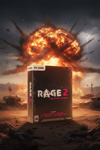 RAGE 2 Collector's Edition PC box against cinematic post-apocalyptic wasteland backdrop with explosions — More4less Outlet