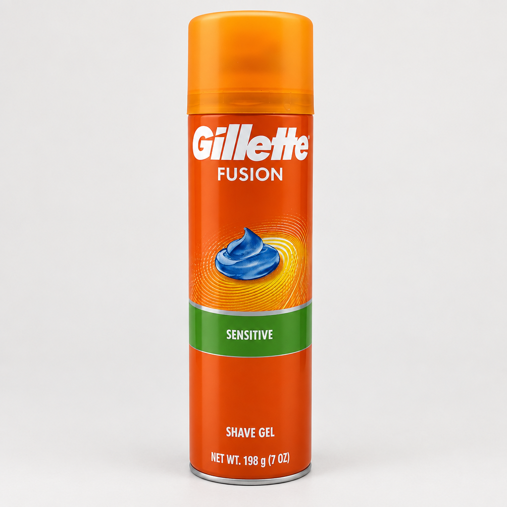 Gillette Fusion Sensitive 7 oz orange shave gel can on pale studio background