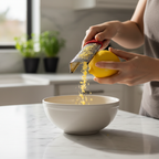 Person zesting a lemon over a white bowl using a red-handled Microplane grater
