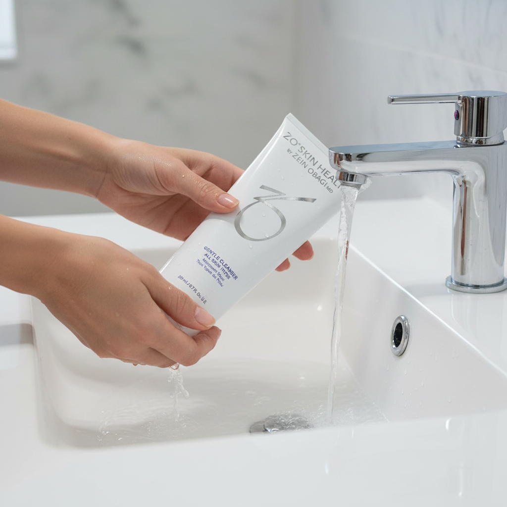 Woman holding ZO Skin Health Gentle Cleanser 200mL tube over a clean white bathroom sink during a daily skincare routine
