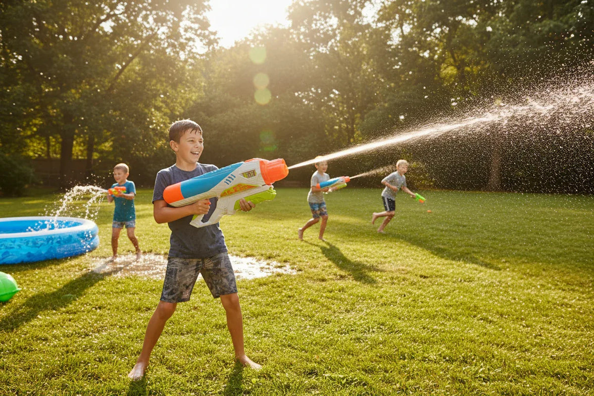 KEY 049 large water blaster toy in sunlit backyard grass field action play setting