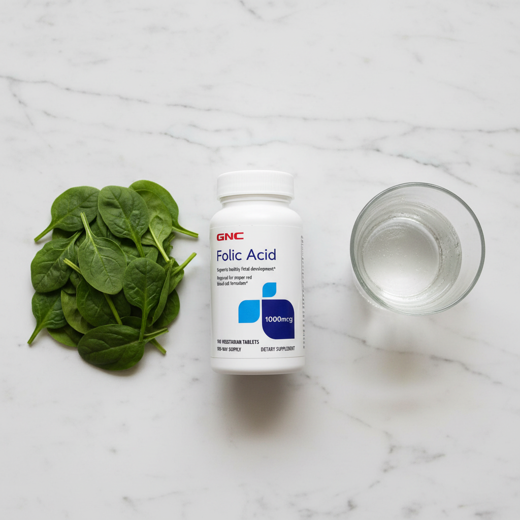 GNC Folic Acid 1000mcg bottle on marble with fresh spinach leaves and glass of water – More4less Outlet