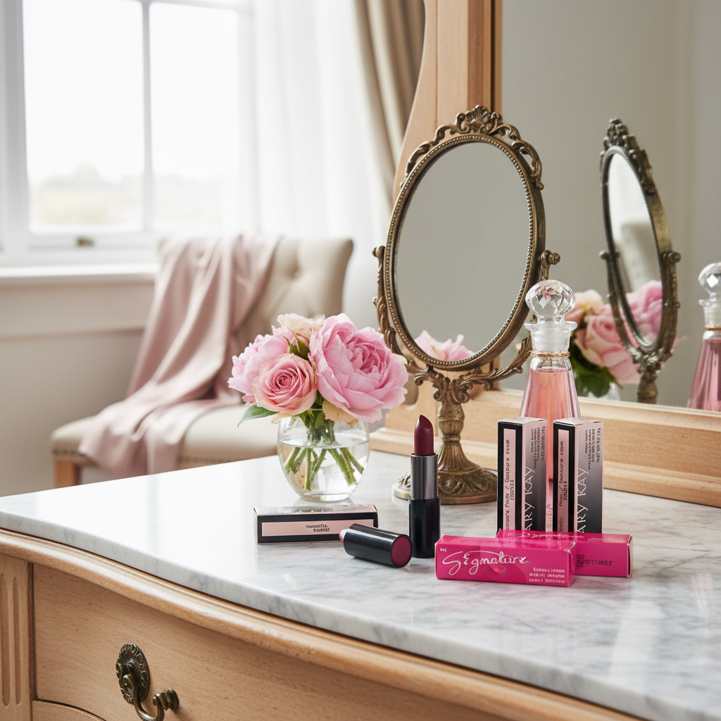 Elegant vanity table with lipstick collection, pink flowers, and hand mirror on marble — Mary Kay beauty lifestyle
