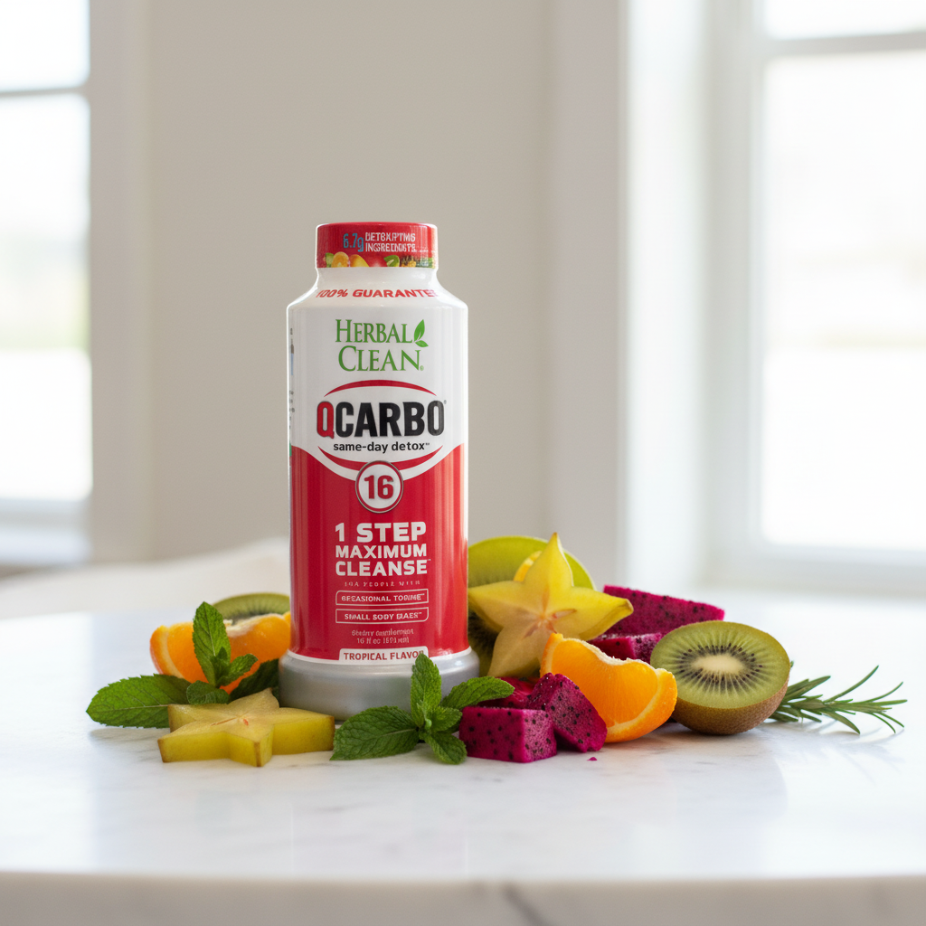 Herbal Clean QCarbo 16 red and white bottle on white marble beside fresh tropical fruits and green herbs – More4less Outlet