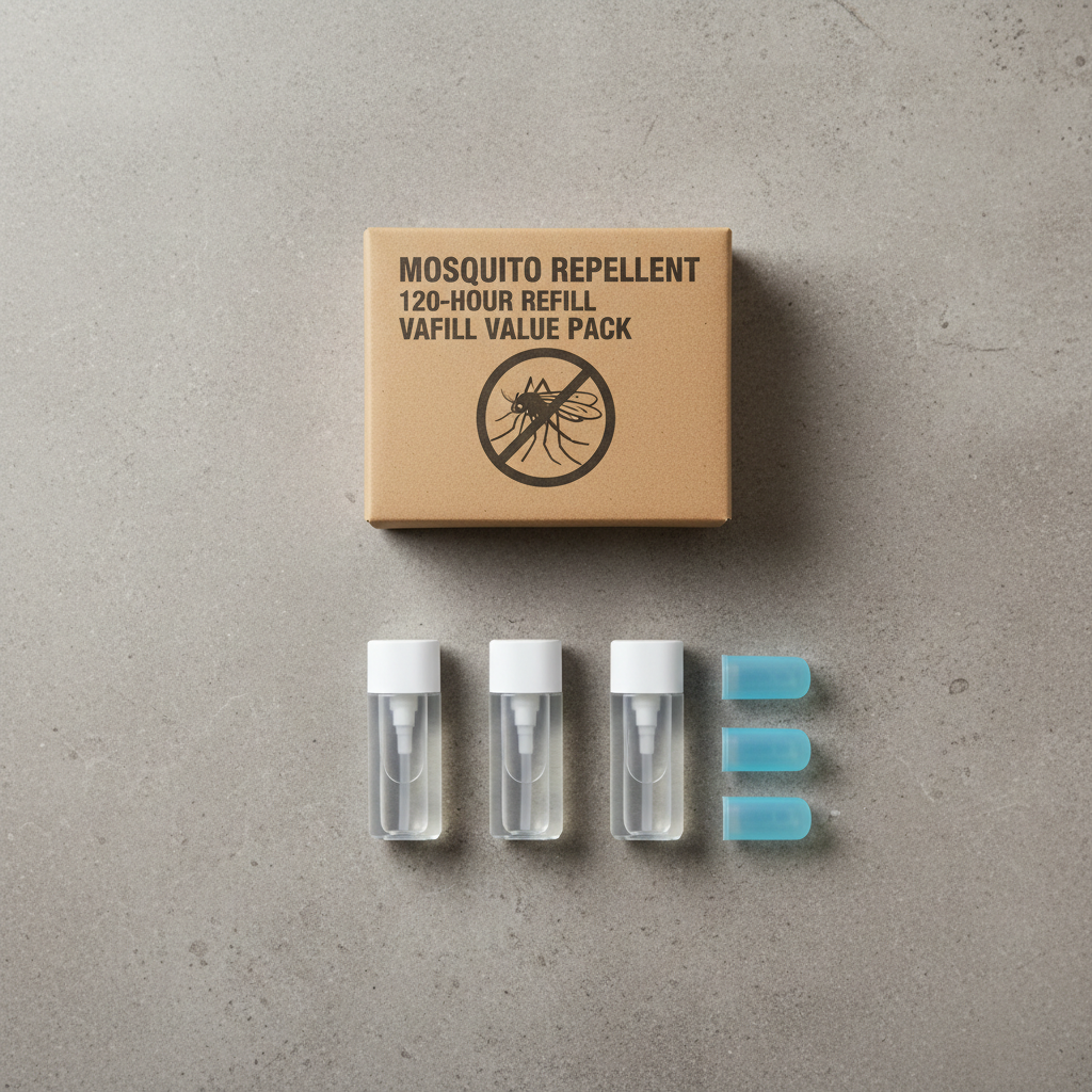Flat-lay of Thermacell 120-hour refill value pack with three 40-hour cartridges and blue travel caps on gray stone surface