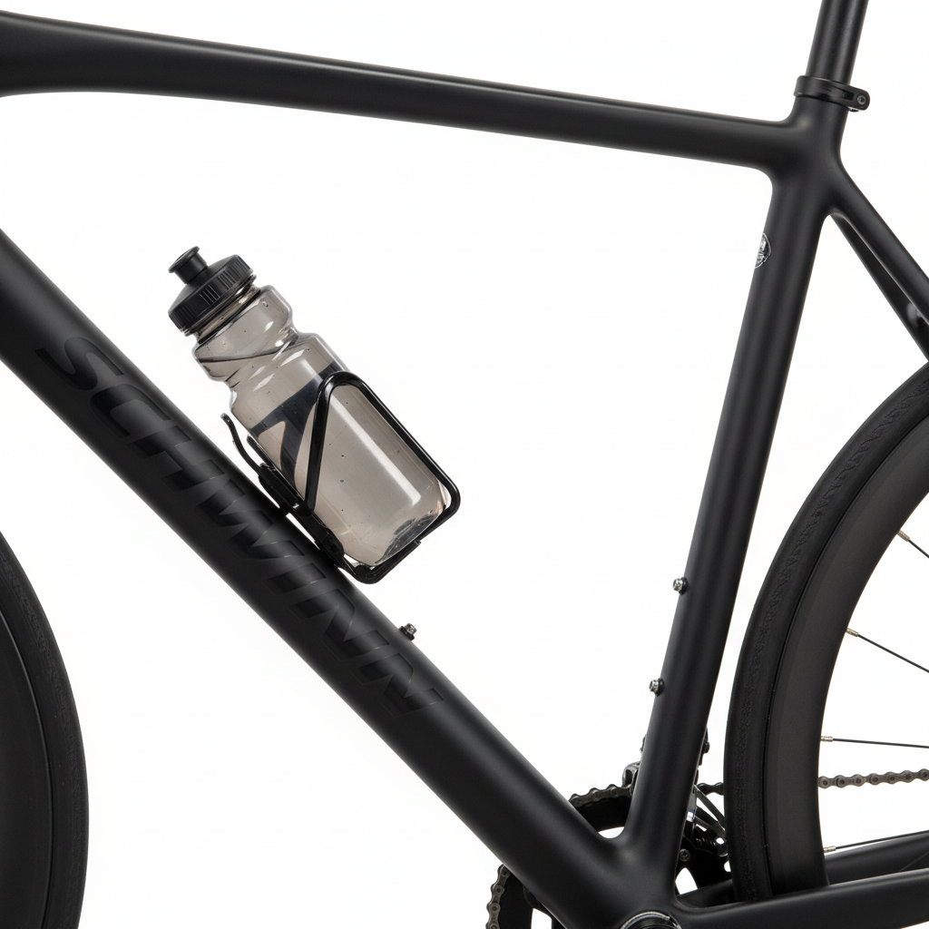 Schwinn black expandable bicycle bottle cage with water bottle inserted mounted on bike frame white background – More4less Outlet
