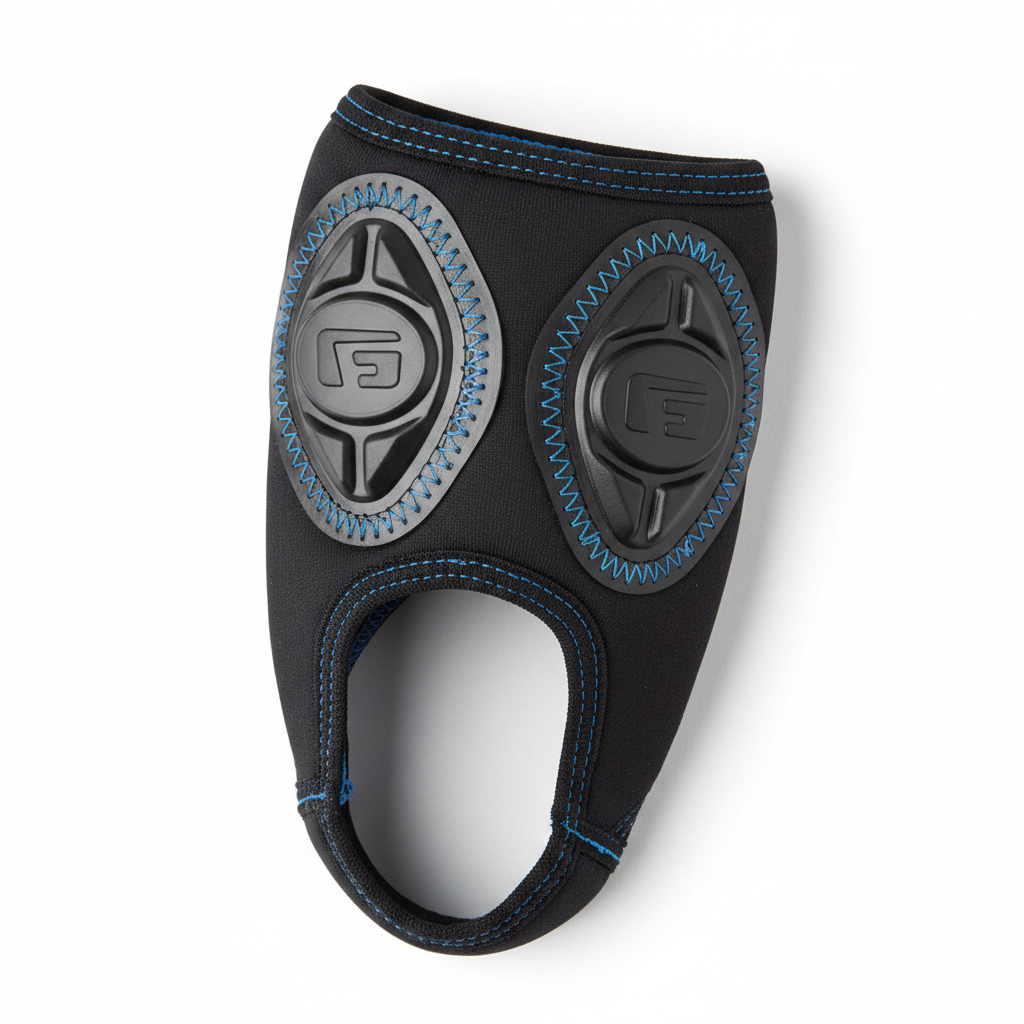 Close-up detail of G-Form Pro Ankle Guards RPT oval pads blue stitching and elastic stirrup on white background