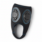 Close-up detail of G-Form Pro Ankle Guards RPT oval pads blue stitching and elastic stirrup on white background
