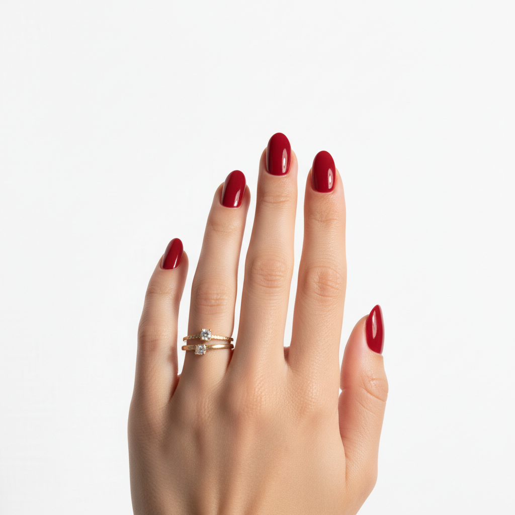 Woman's elegant hand with classic red manicure — Mary Kay Salon Direct Long-Wearing Nail Enamel — More4less Outlet