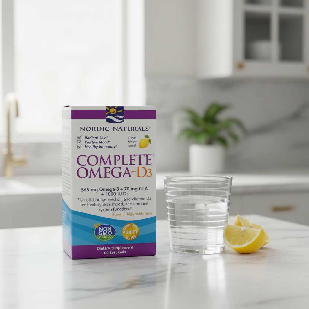 AI-generated contextual image of Nordic Naturals Complete Omega-D3 package beside a glass of water and lemon