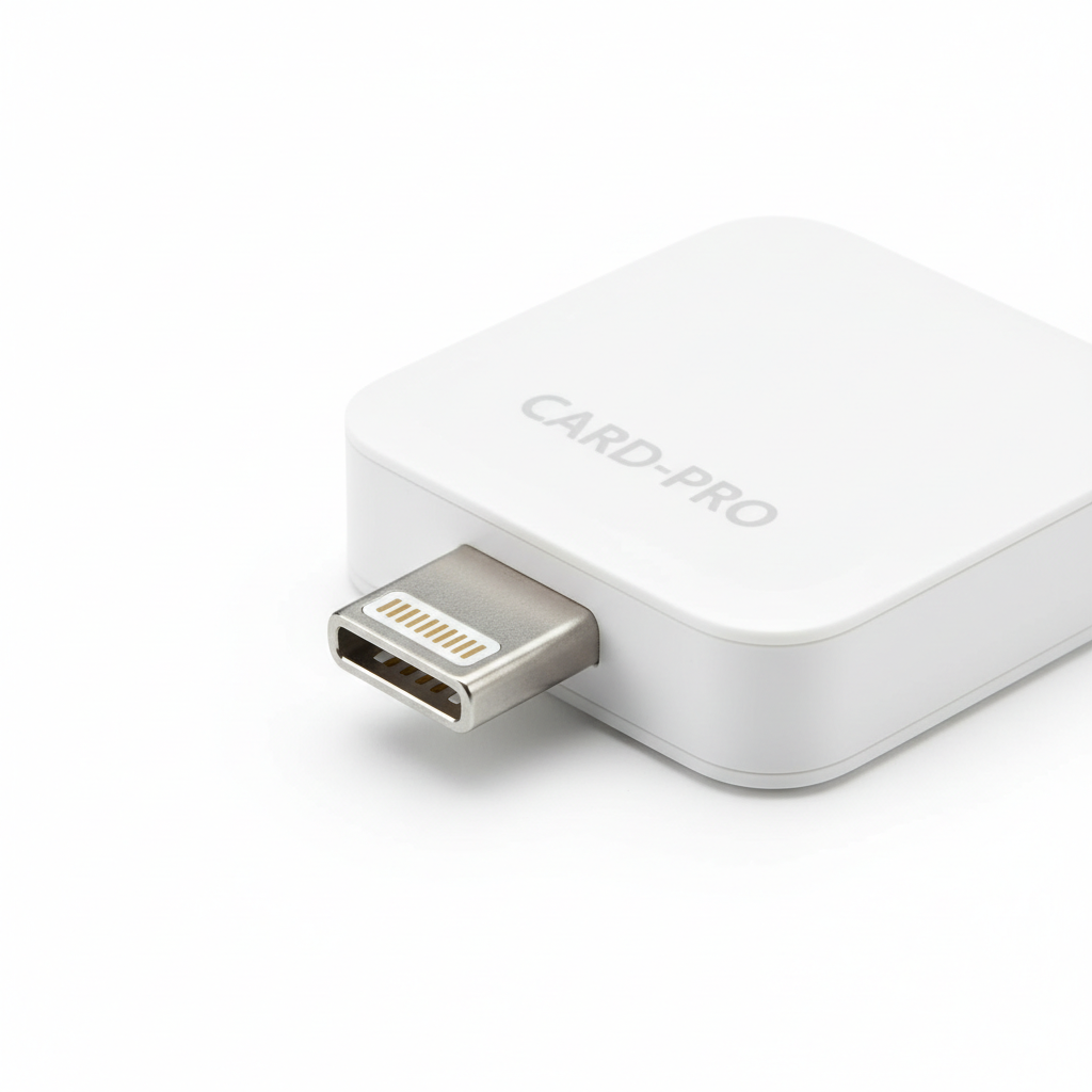 Macro close-up of Square Reader Lightning connector tip showing port type clearly