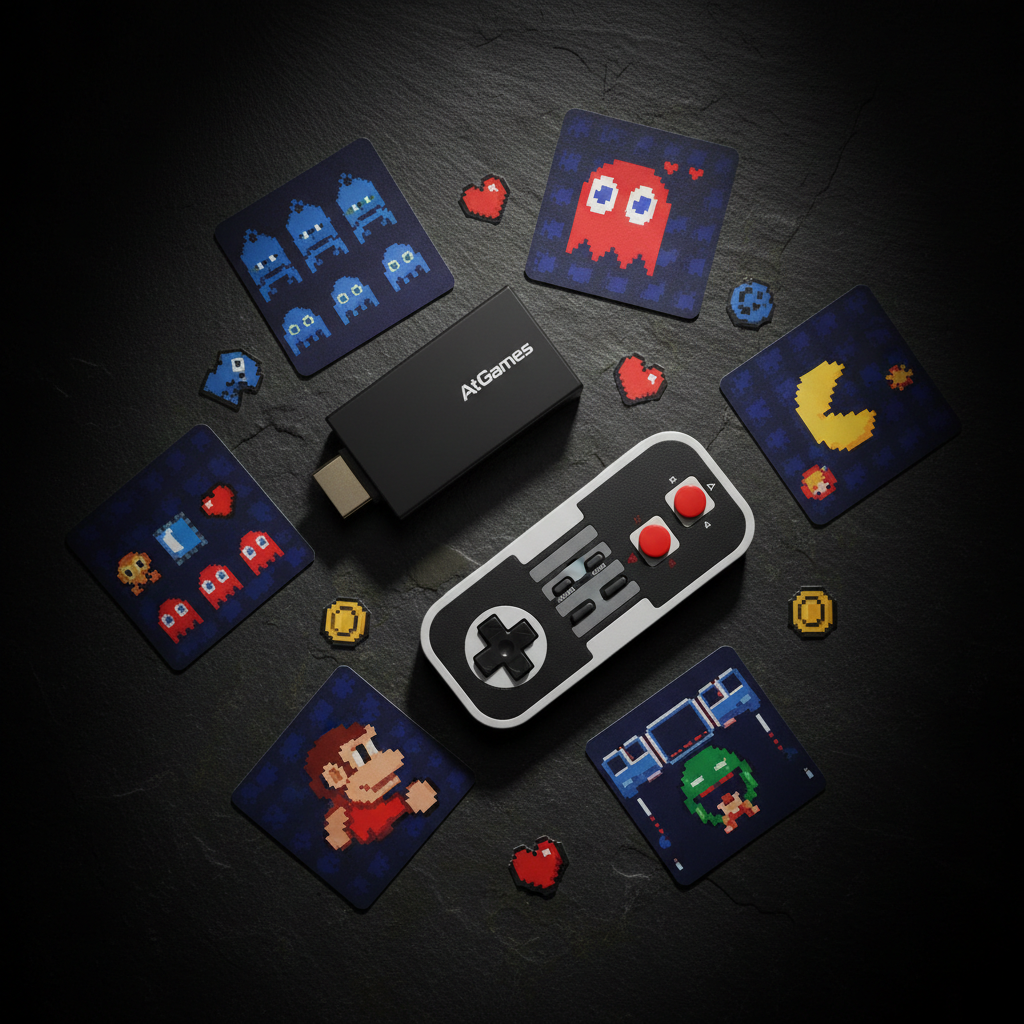 AtGames Legends Flashback Blast wireless controller flat lay on dark surface with retro arcade game art cards — More4less Outlet lifestyle image